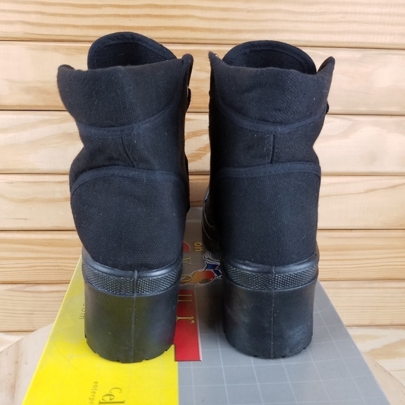 Black Canvas Combat Military Biker Moto Ankle Boots Lace up 7.5M Block Heel NEW - Picture 4 of 10